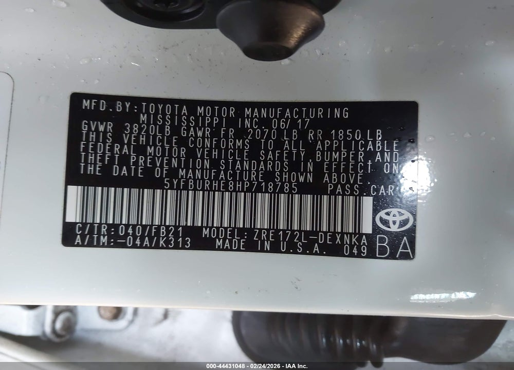 2017 TOYOTA COROLLA LE VIN: 5YFBURHE8HP718785