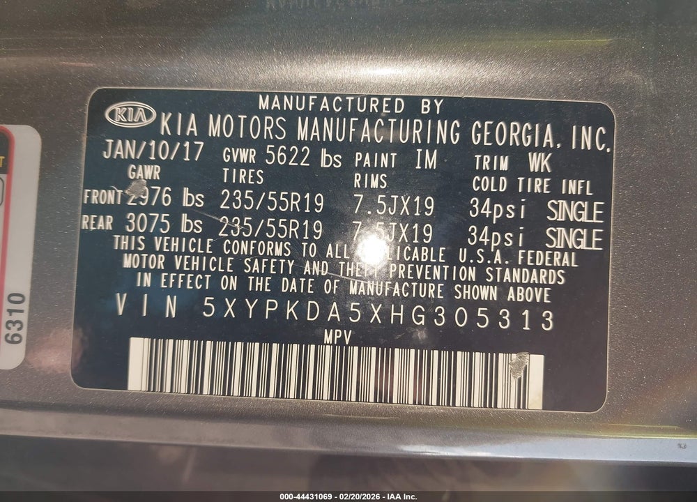 2017 KIA SORENTO 3.3L SXL VIN: 5XYPKDA5XHG305313