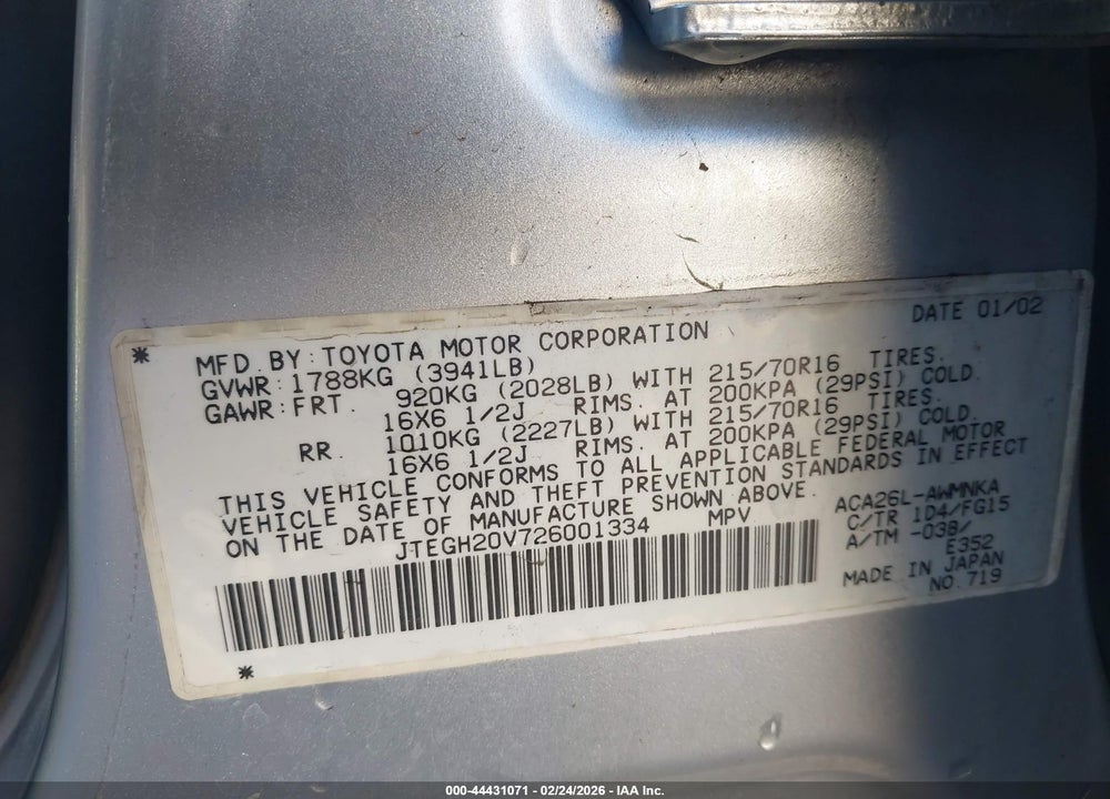 2002 TOYOTA RAV4 VIN: JTEGH20V726001334