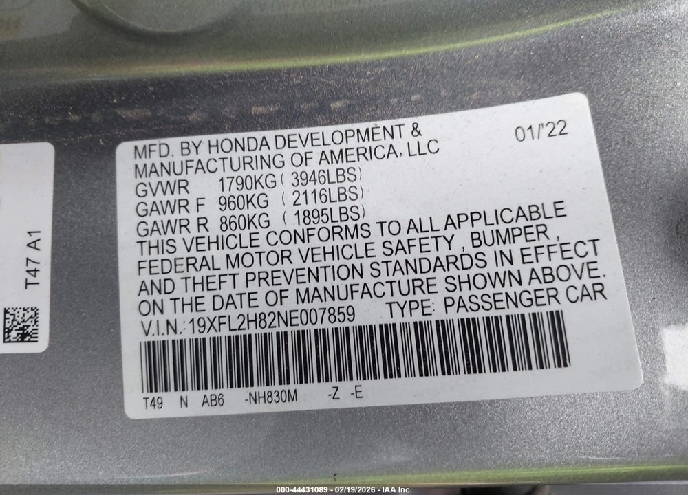 2022 HONDA CIVIC SPORT VIN: 19XFL2H82NE007859