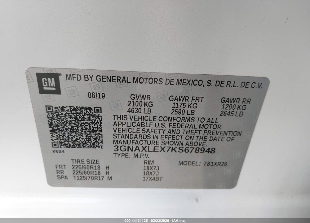 2019 CHEVROLET EQUINOX LT VIN: 3GNAXLEX7KS678948