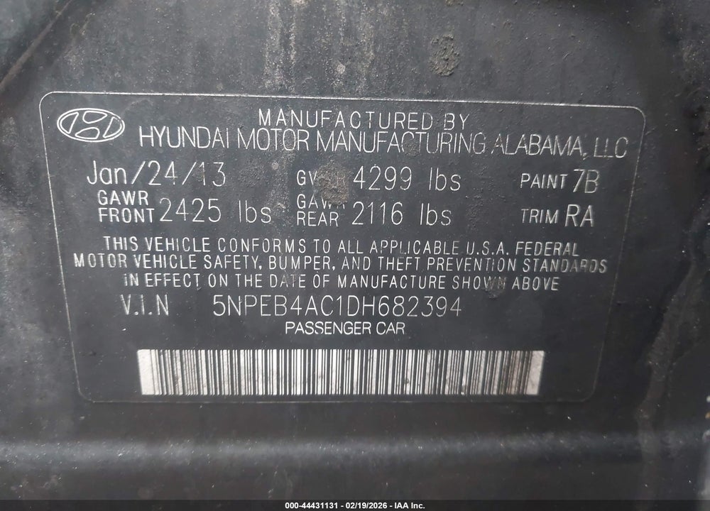 2013 HYUNDAI SONATA GLS VIN: 5NPEB4AC1DH682394
