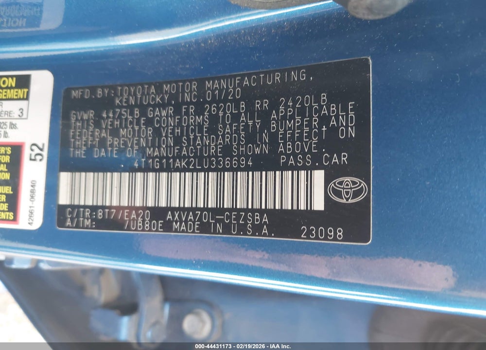 2020 TOYOTA CAMRY SE VIN: 4T1G11AK2LU336694