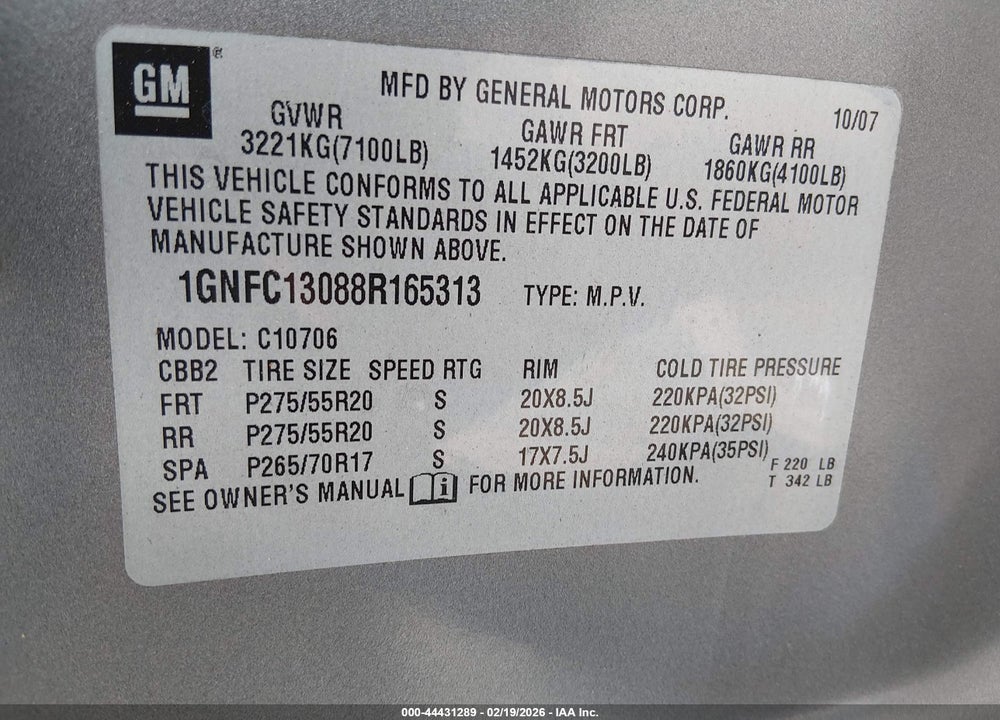 2008 CHEVROLET TAHOE LT VIN: 1GNFC13088R165313