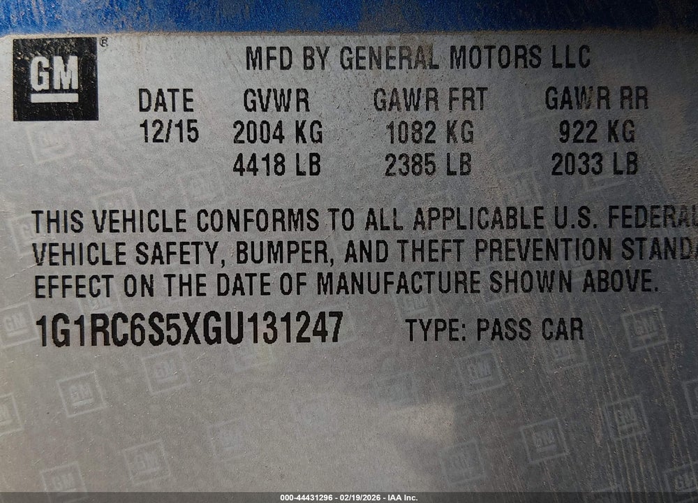 2016 CHEVROLET VOLT LT VIN: 1G1RC6S5XGU131247