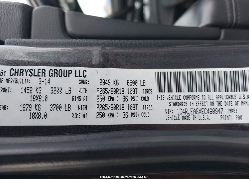 2014 JEEP GRAND CHEROKEE LAREDO VIN: 1C4RJEAGXEC460947