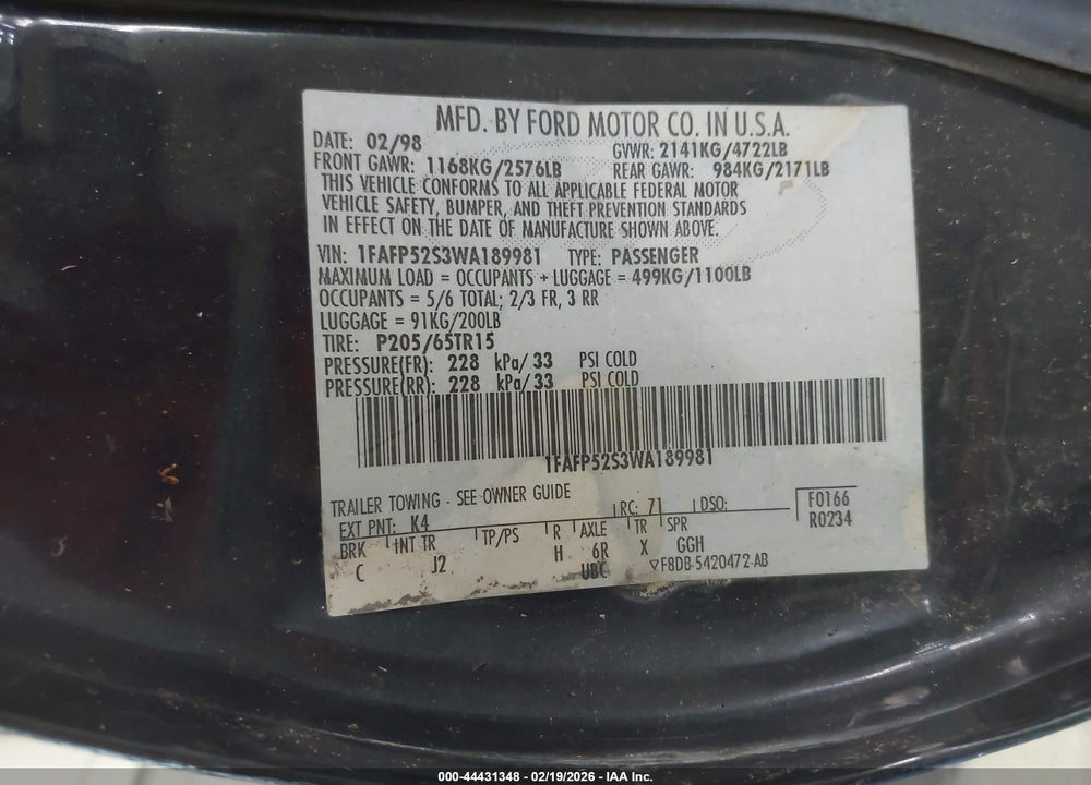 1998 FORD TAURUS LX/SE VIN: 1FAFP52S3WA189981