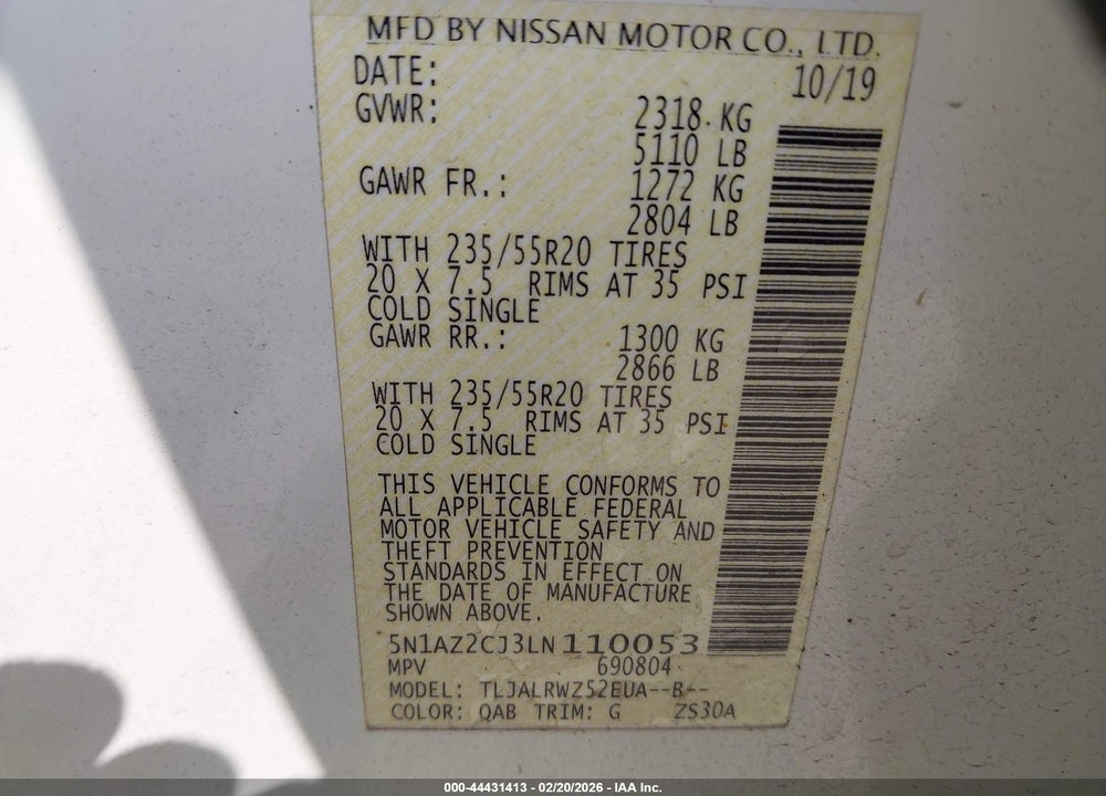 2020 NISSAN MURANO SL FWD VIN: 5N1AZ2CJ3LN110053