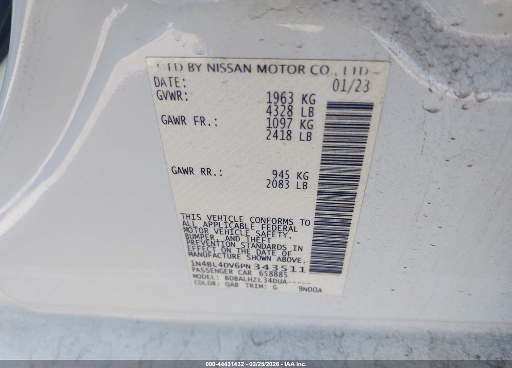 2023 NISSAN ALTIMA SV FWD VIN: 1N4BL4DV6PN343511
