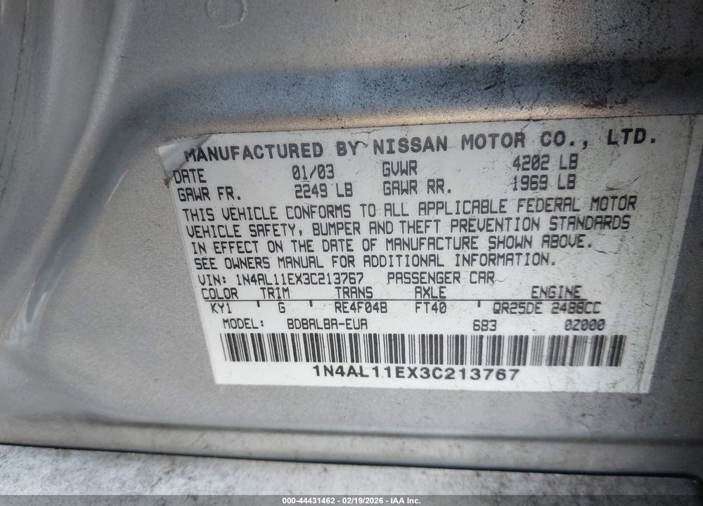 2003 NISSAN ALTIMA 2.5 SL VIN: 1N4AL11EX3C213767