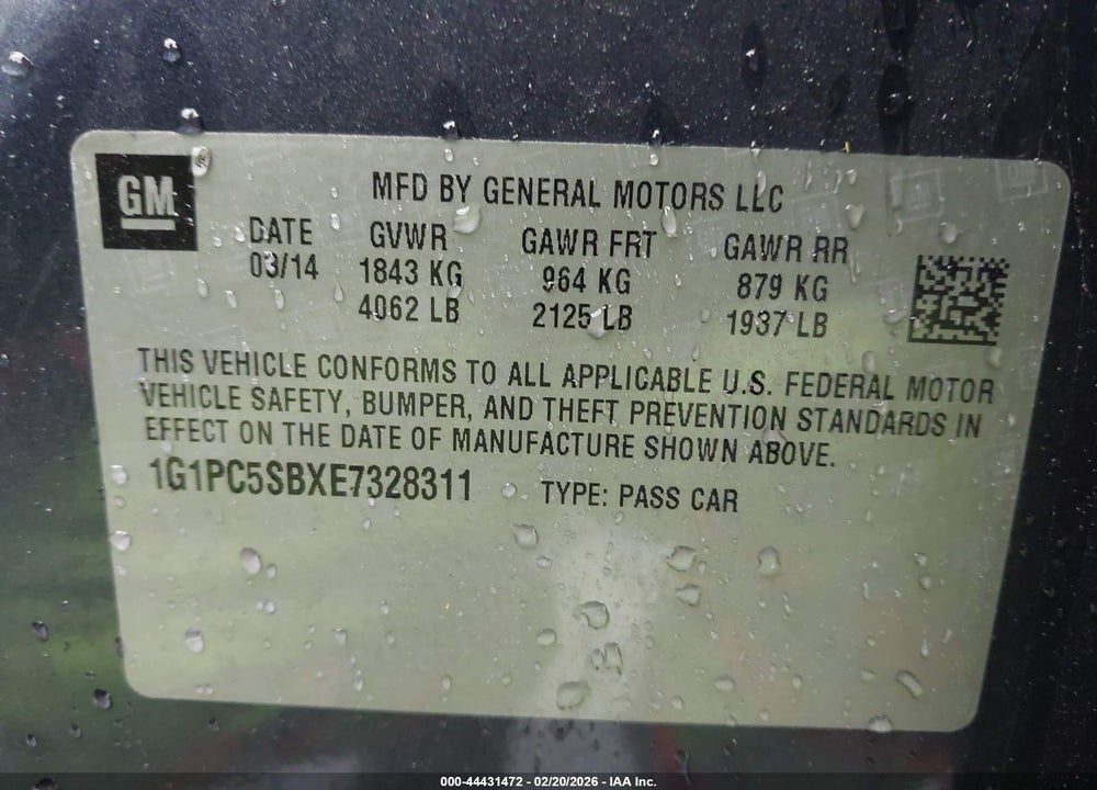 2014 CHEVROLET CRUZE 1LT AUTO VIN: 1G1PC5SBXE7328311