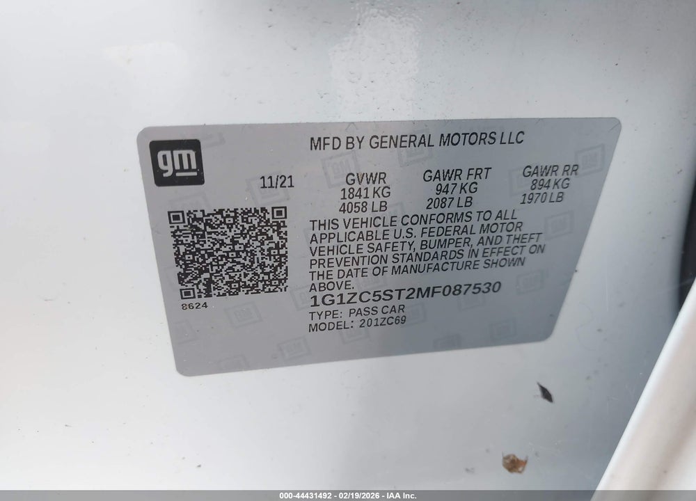 2021 CHEVROLET MALIBU FWD 1FL VIN: 1G1ZC5ST2MF087530