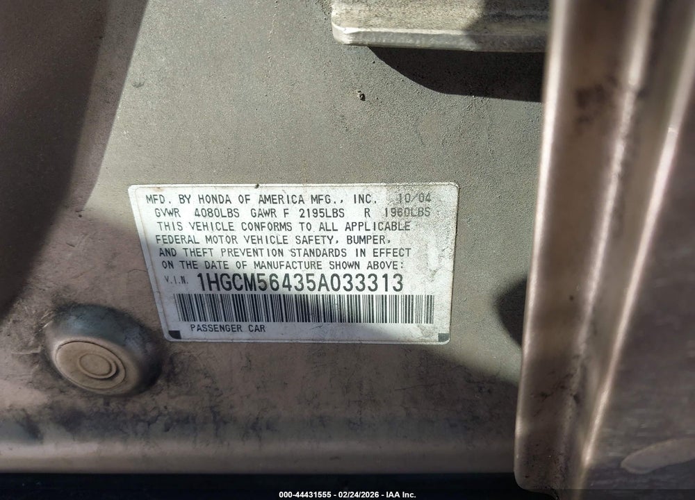 2005 HONDA ACCORD 2.4 LX VIN: 1HGCM56435A033313