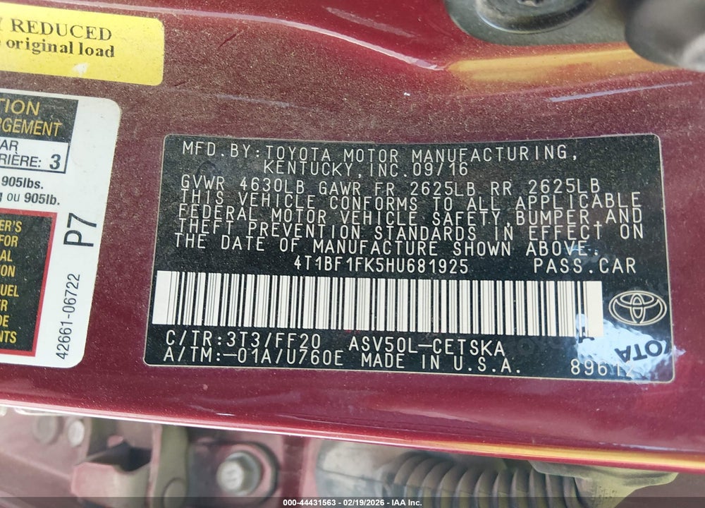 2017 TOYOTA CAMRY SE VIN: 4T1BF1FK5HU681925