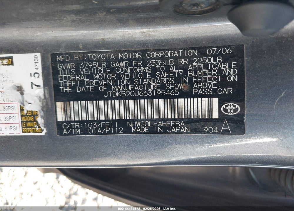 2006 TOYOTA PRIUS VIN: JTDKB20U663195465