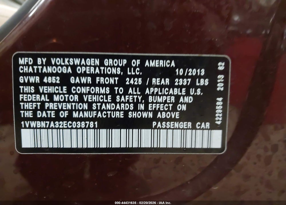 2014 VOLKSWAGEN PASSAT 2.0L TDI SE VIN: 1VWBN7A32EC038781