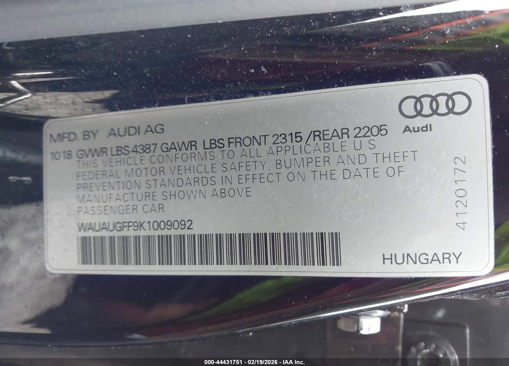 2019 AUDI A3 40 PREMIUM/40 TITANIUM PREMIUM VIN: WAUAUGFF9K1009092