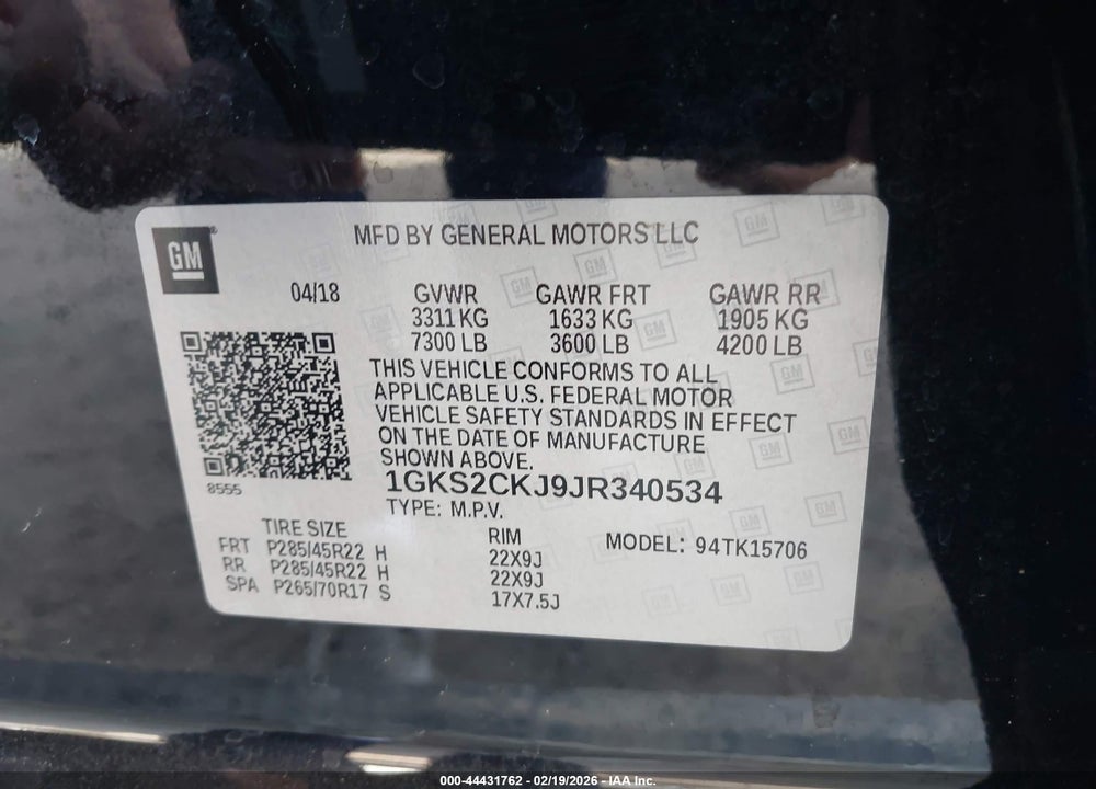 2018 GMC YUKON DENALI VIN: 1GKS2CKJ9JR340534