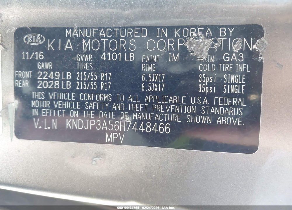 2017 KIA SOUL + VIN: KNDJP3A56H7448466