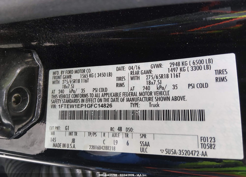 2016 FORD F-150 XLT VIN: 1FTEW1EP1GFC14826