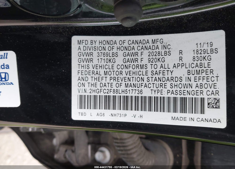 2020 HONDA CIVIC SPORT VIN: 2HGFC2F88LH517736