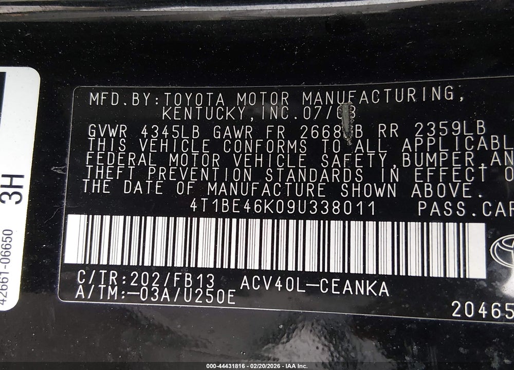 2009 TOYOTA CAMRY LE VIN: 4T1BE46K09U338011