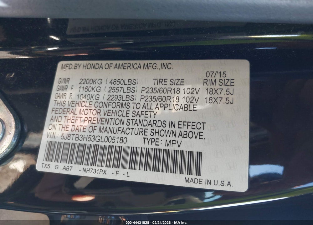 2016 ACURA RDX TECHNOLOGY   WATCH PLUS PACKAGES/TECHNOLOGY PACKAGE VIN: 5J8TB3H53GL005180