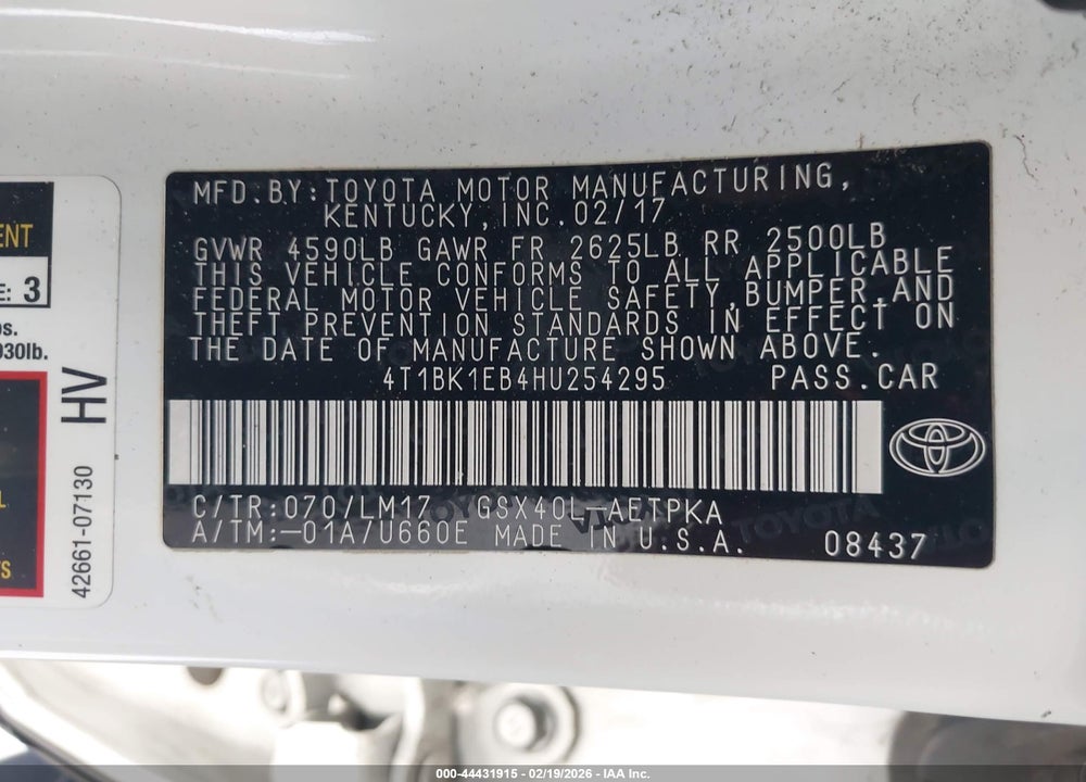 2017 TOYOTA AVALON LIMITED VIN: 4T1BK1EB4HU254295