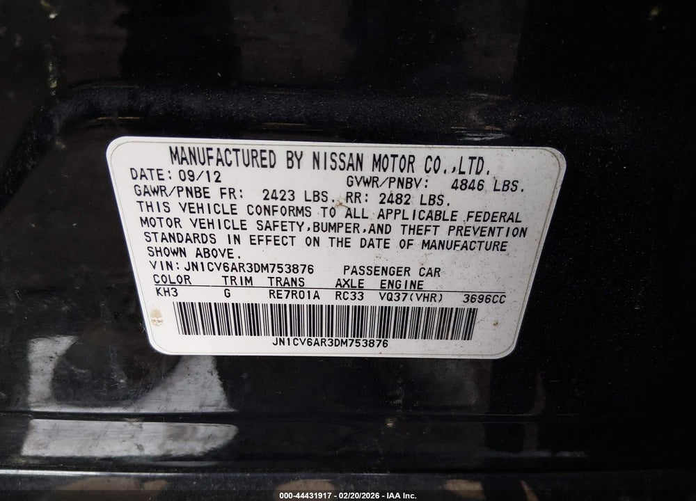 2013 INFINITI G37X VIN: JN1CV6AR3DM753876