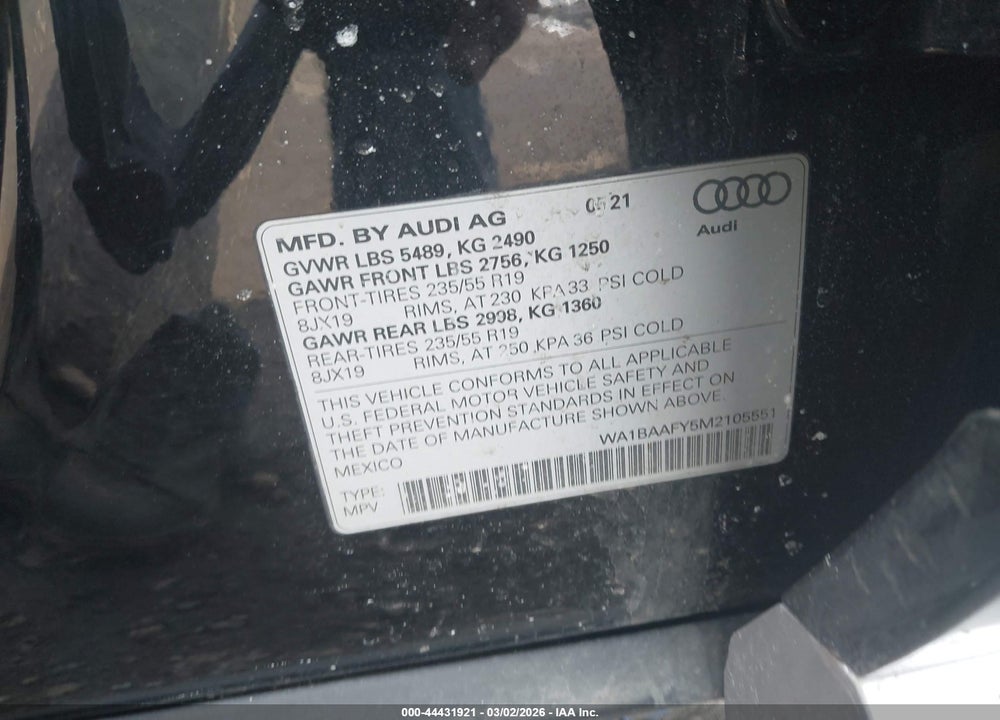 2021 AUDI Q5 PREMIUM PLUS 45 TFSI QUATTRO S TRONIC VIN: WA1BAAFY5M2105551