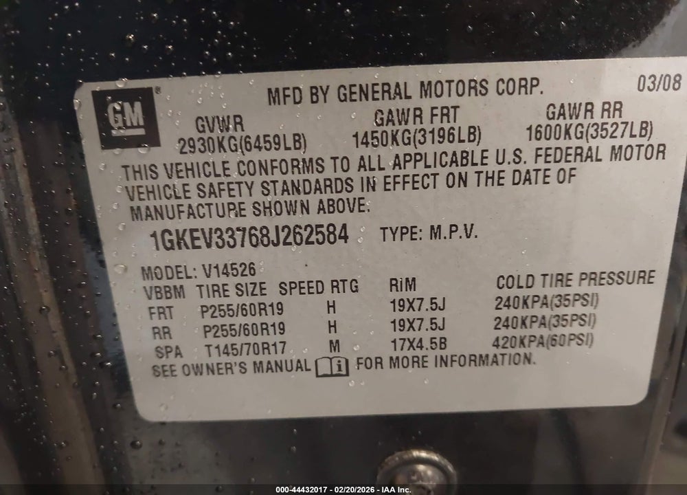 2008 GMC ACADIA SLT-2 VIN: 1GKEV33768J262584