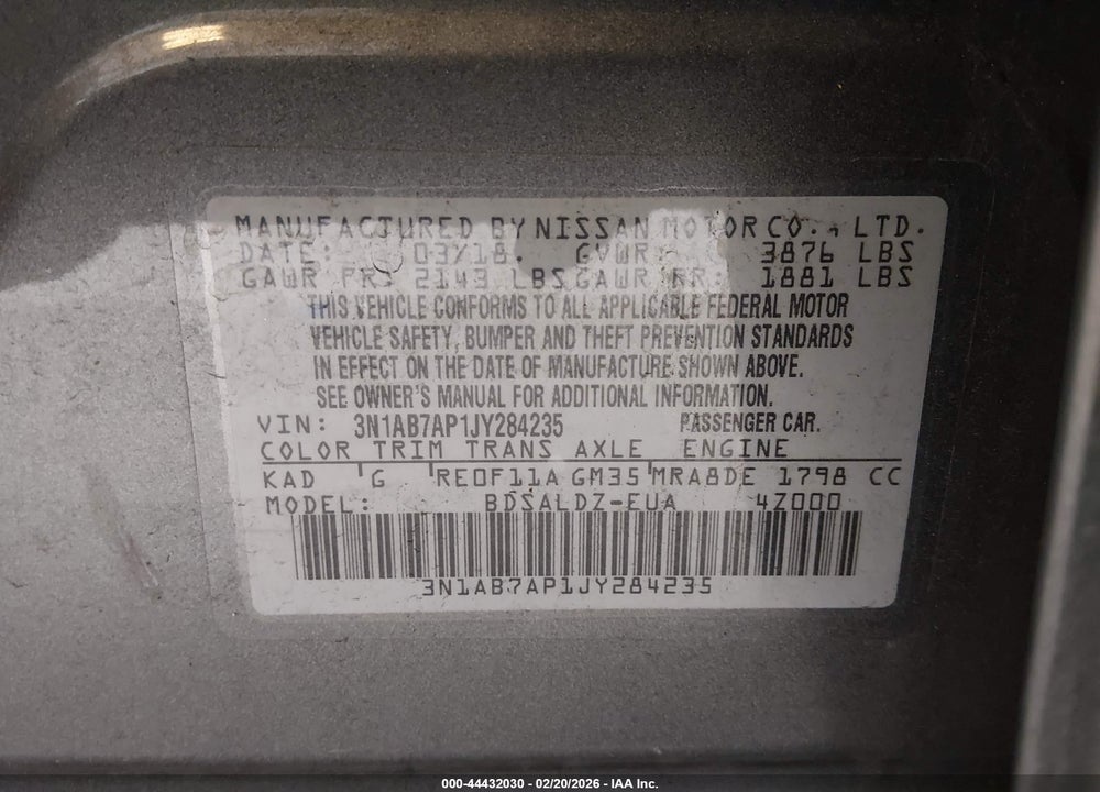 2018 NISSAN SENTRA SV VIN: 3N1AB7AP1JY284235