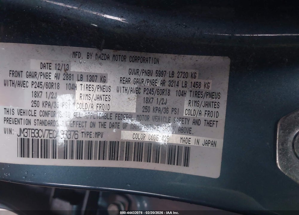 2014 MAZDA CX-9 TOURING VIN: JM3TB3CV7E0433376