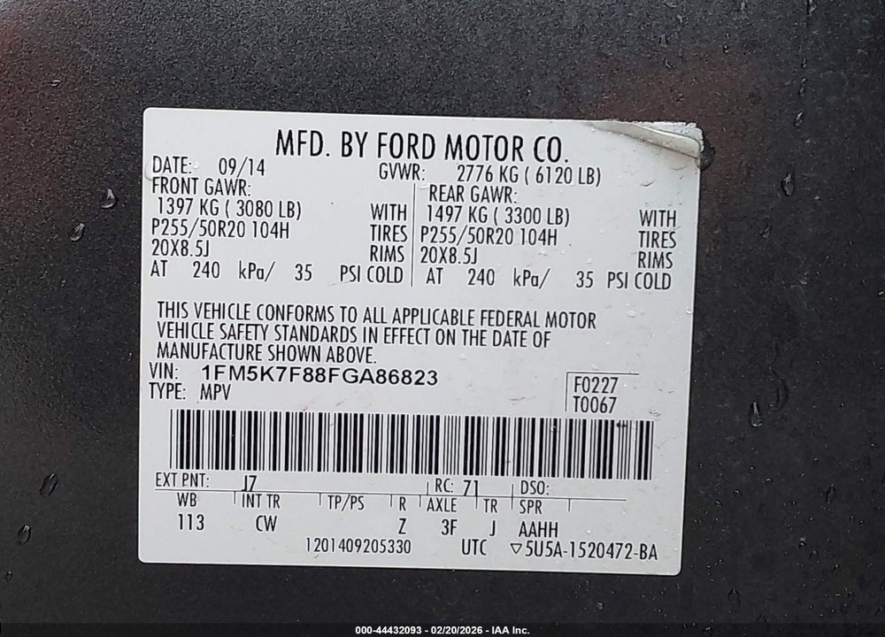 2015 FORD EXPLORER LIMITED VIN: 1FM5K7F88FGA86823