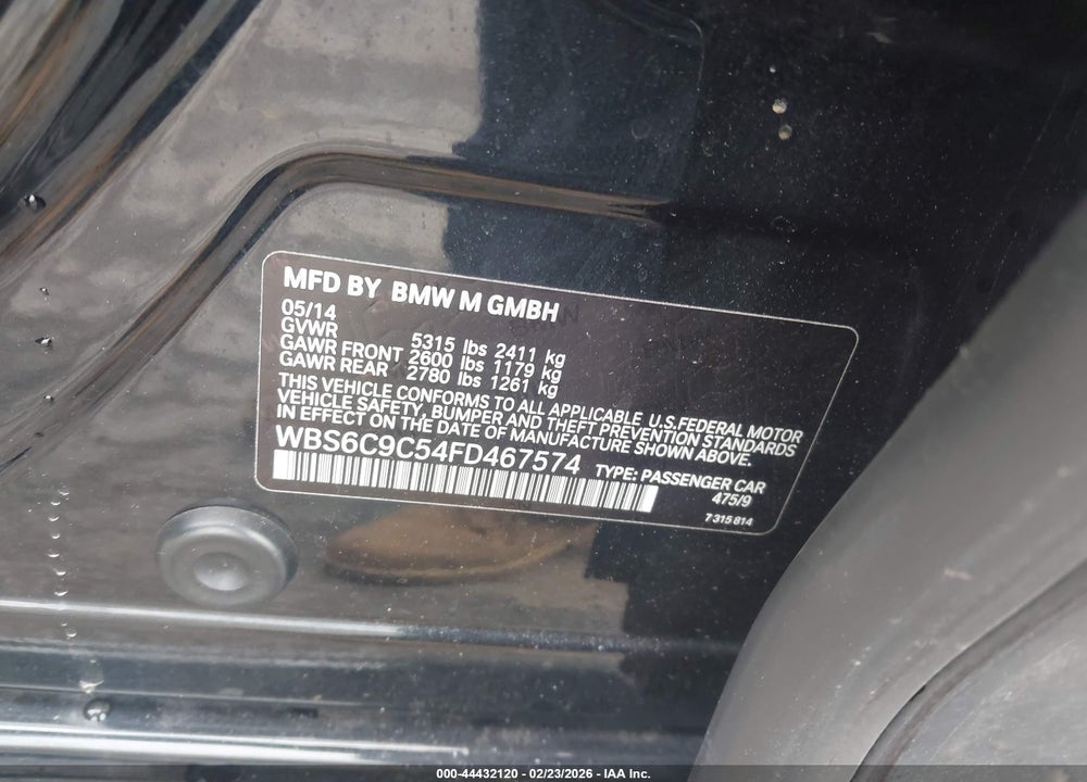 2015 BMW M6 GRAN COUPE VIN: WBS6C9C54FD467574