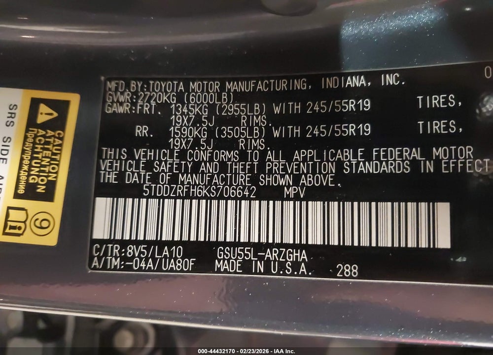 2019 TOYOTA HIGHLANDER LIMITED VIN: 5TDDZRFH6KS706642