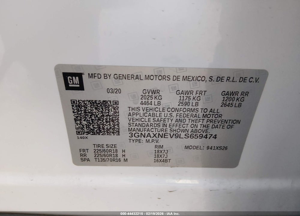 2020 CHEVROLET EQUINOX FWD PREMIER 1.5L TURBO VIN: 3GNAXNEV9LS659474