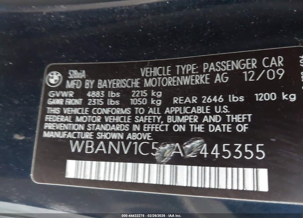 2010 BMW 528I XDRIVE VIN: WBANV1C50AC445355