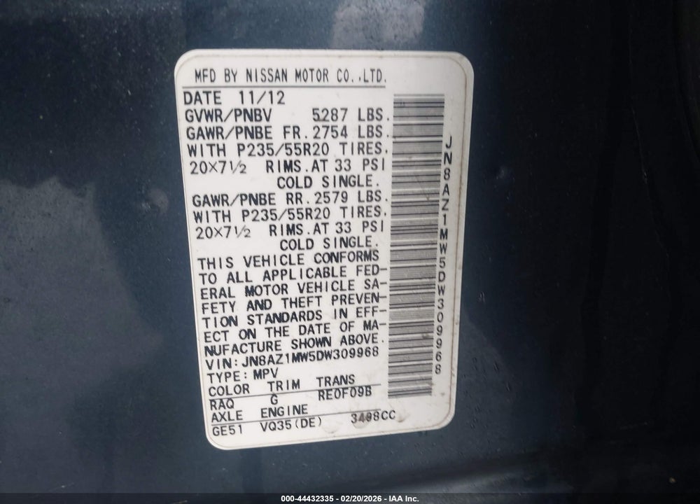 2013 NISSAN MURANO LE VIN: JN8AZ1MW5DW309968