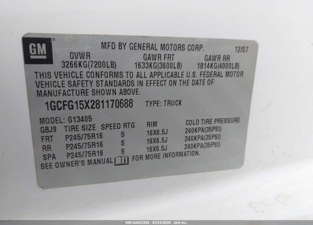 2008 CHEVROLET EXPRESS WORK VAN VIN: 1GCFG15X281170688