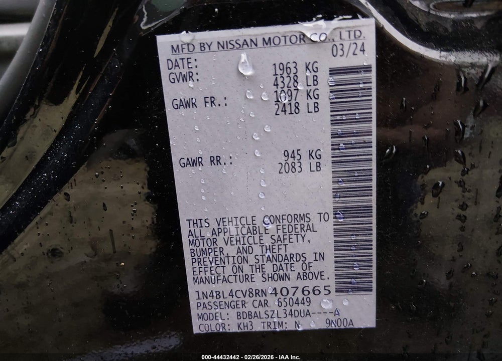 2024 NISSAN ALTIMA SR FWD VIN: 1N4BL4CV8RN407665