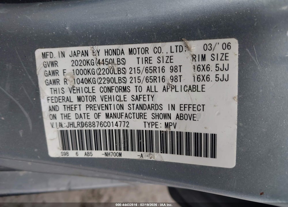 2006 HONDA CR-V EX VIN: JHLRD68876C014772