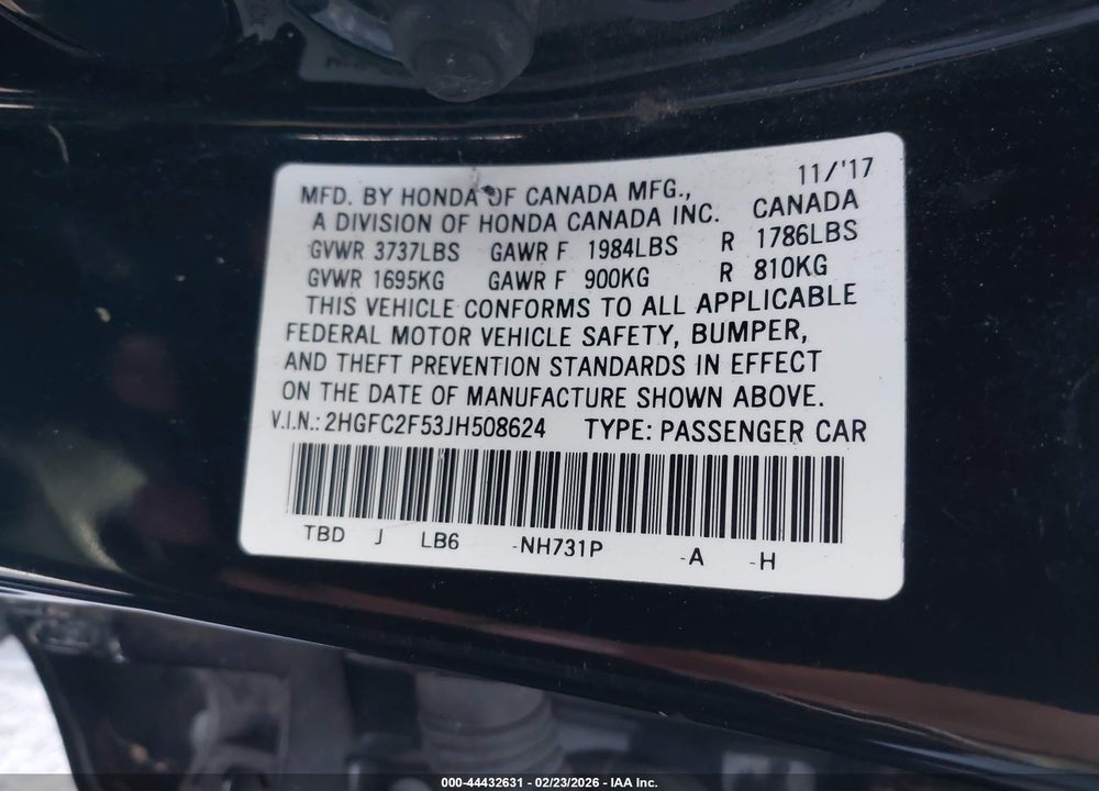 2018 HONDA CIVIC LX VIN: 2HGFC2F53JH508624