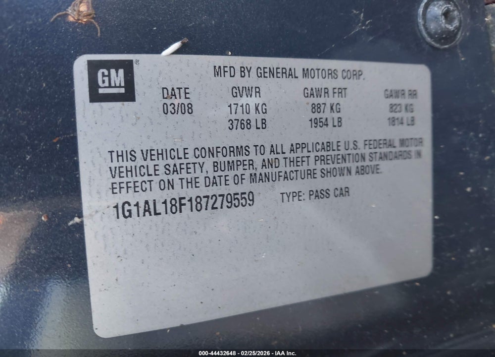 2008 CHEVROLET COBALT LT VIN: 1G1AL18F187279559