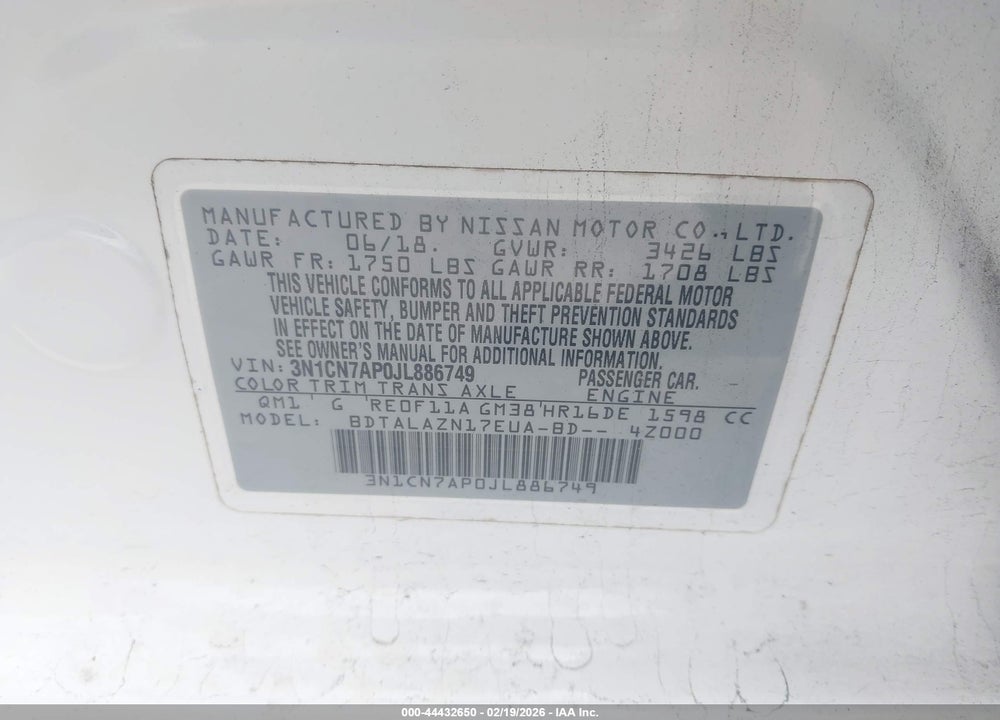 2018 NISSAN VERSA 1.6 S+ VIN: 3N1CN7AP0JL886749