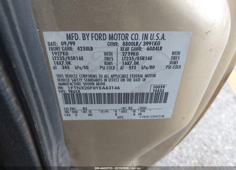 2000 FORD F-250 LARIAT/XL/XLT VIN: 1FTNX20F0YEA63146