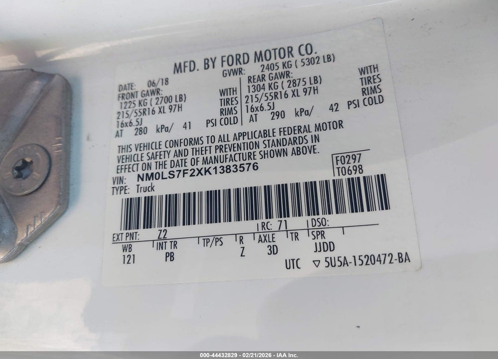 2019 FORD TRANSIT CONNECT XLT VIN: NM0LS7F2XK1383576