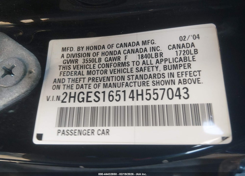 2004 HONDA CIVIC LX VIN: 2HGES16514H557043