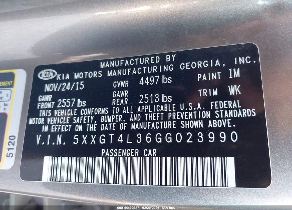2016 KIA OPTIMA LX VIN: 5XXGT4L36GG023990