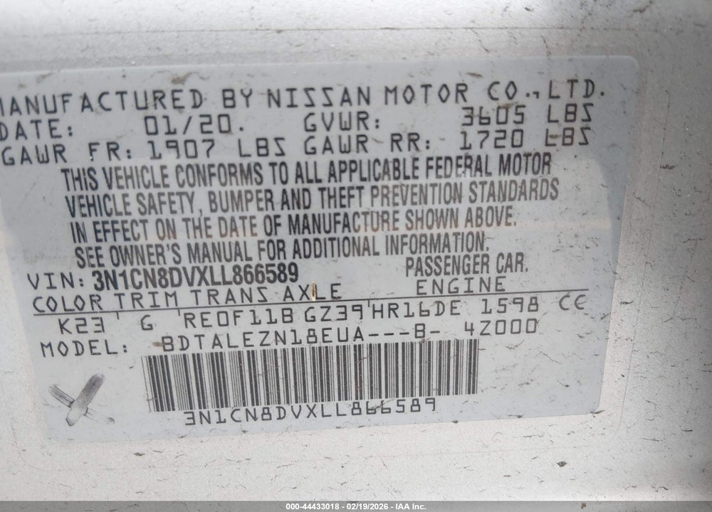 2020 NISSAN VERSA S XTRONIC CVT VIN: 3N1CN8DVXLL866589